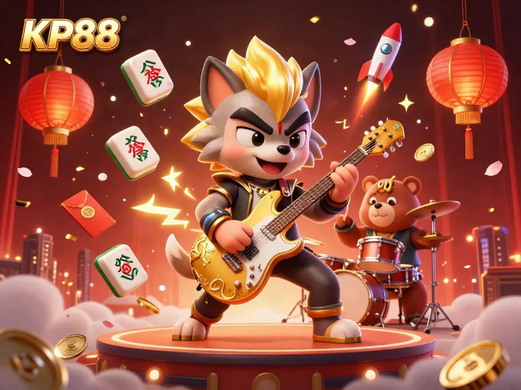 Experience KP88's electrifying casino vibe with a rock star wolf shredding guitar amidst vibrant game elements.