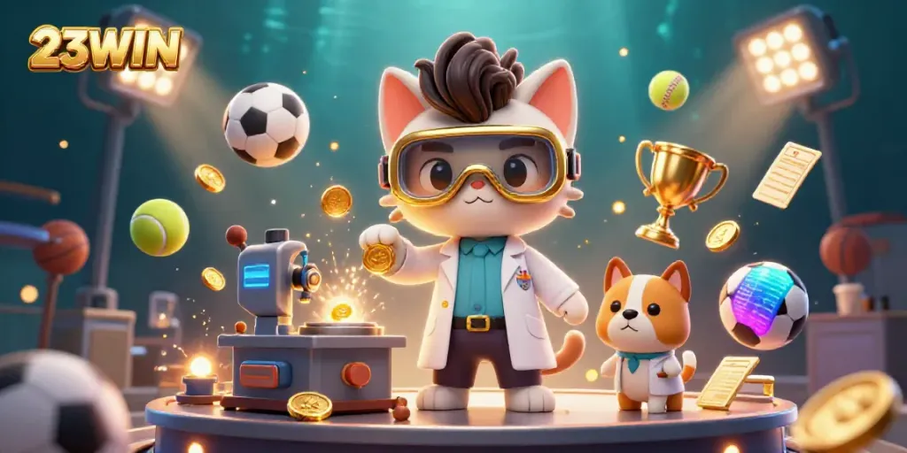 Capture thrilling betting action with 23WIN's dynamic sports-themed casino scene featuring characters, sports balls, and gold coins.