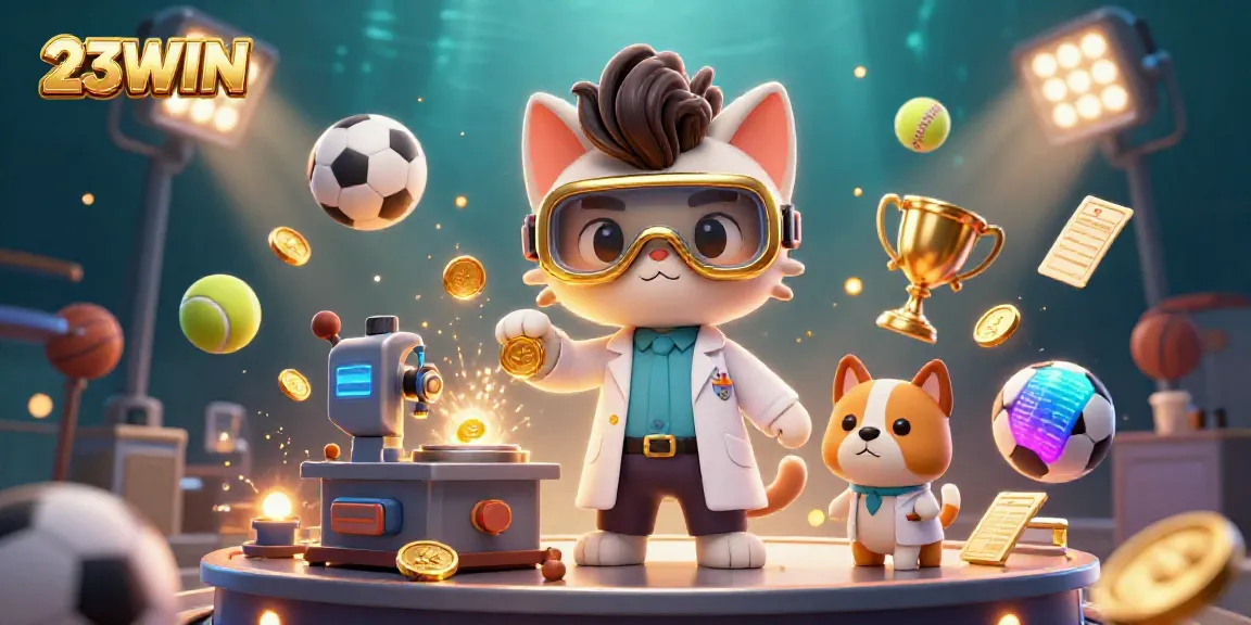 Capture thrilling betting action with 23WIN's dynamic sports-themed casino scene featuring characters, sports balls, and gold coins.