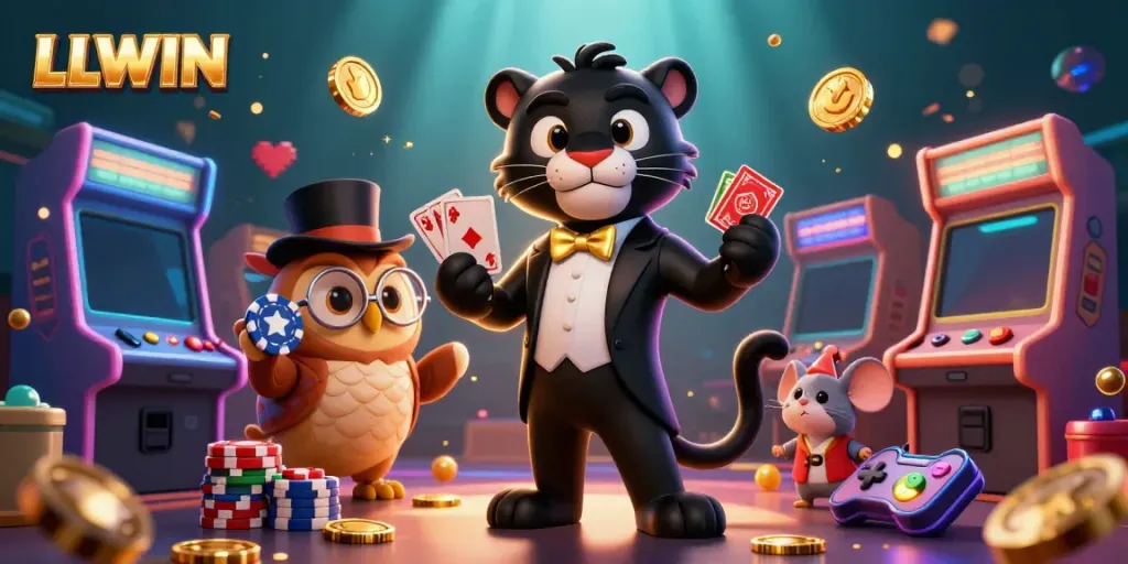 Experience the thrill of LLWIN with engaging characters and vibrant gaming elements in a dynamic casino scene.