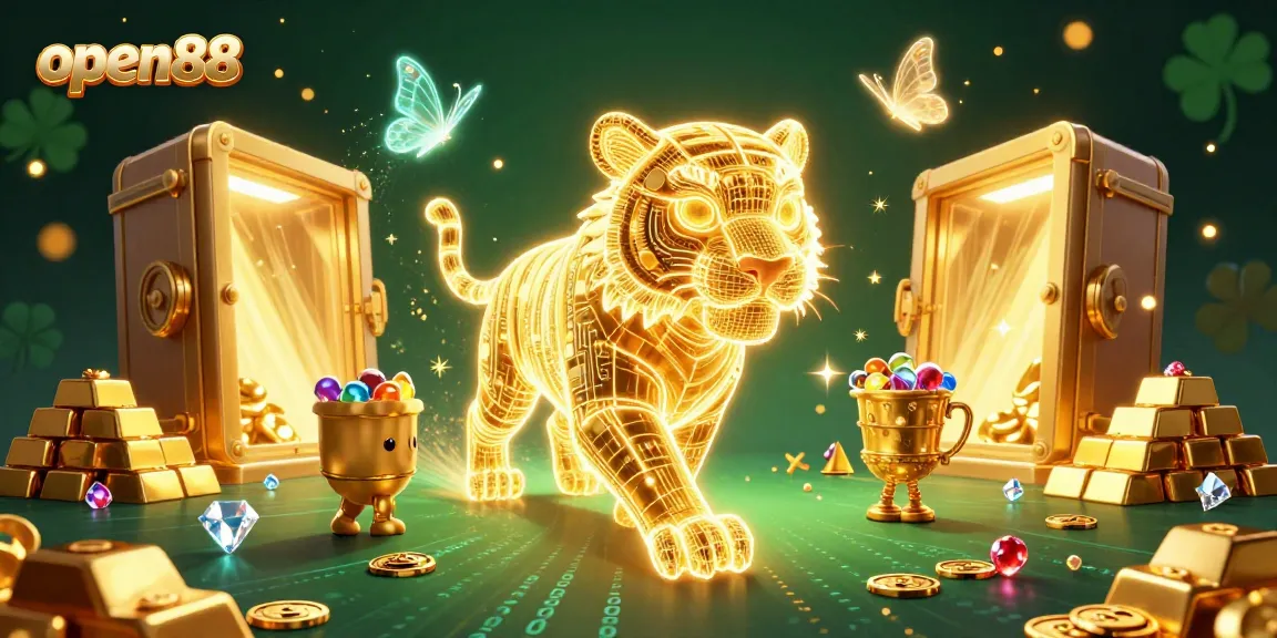 Engage in exhilarating gameplay with open88, featuring a neon golden tiger in a vibrant digital casino.