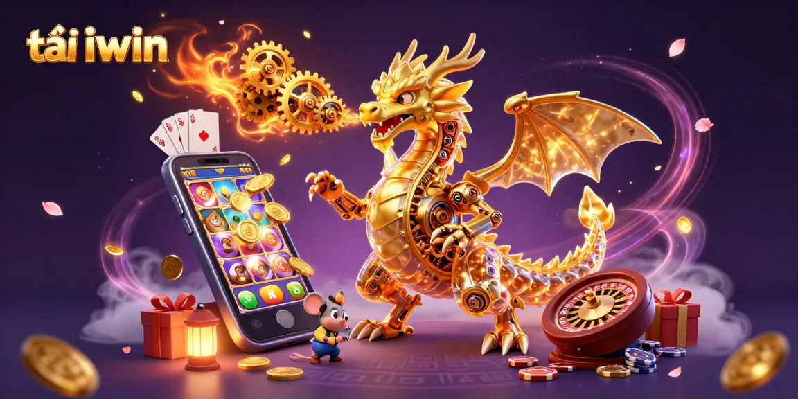 Engage with tải iwin in a vibrant 3D scene showcasing a golden dragon and casino elements.