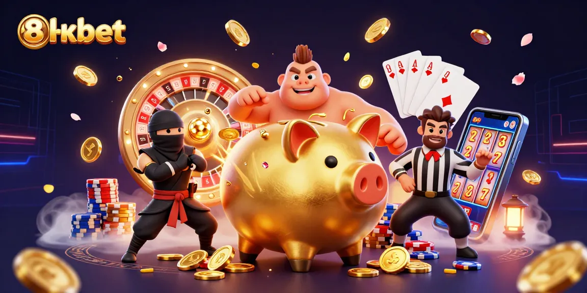 Experience thrilling gameplay with 8xbet's dynamic casino scene featuring a golden piggy bank sumo wrestler.