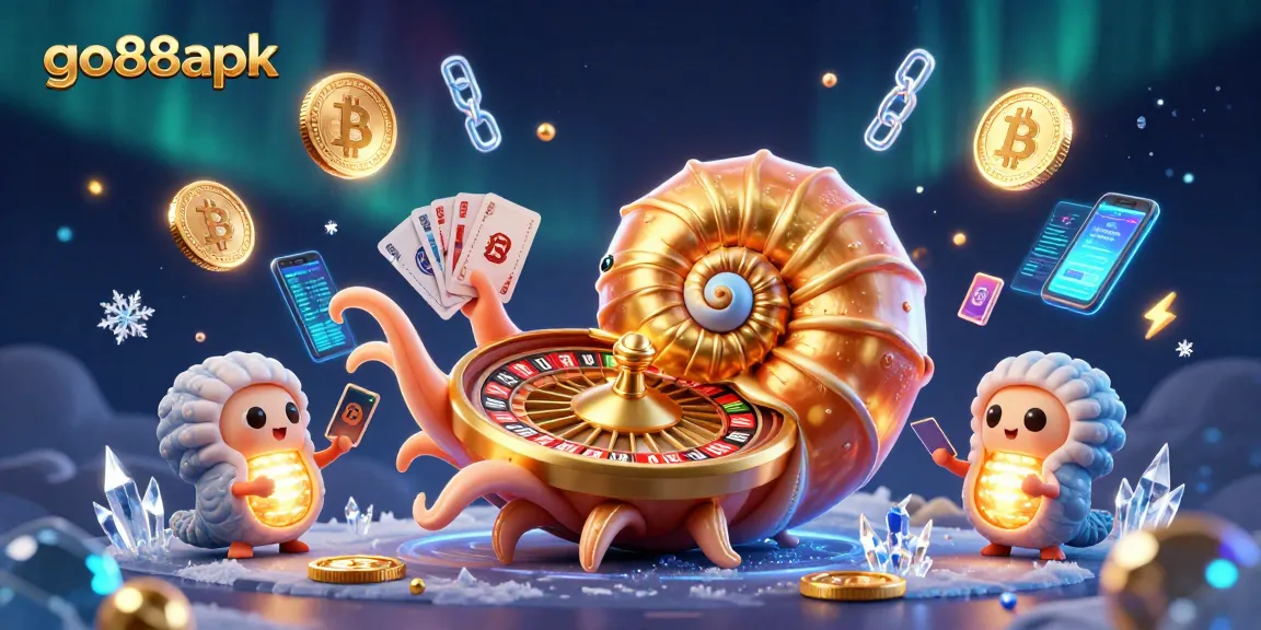 Engage with go88apk in a vibrant, animated casino scene featuring a giant nautilus roulette and cryptocurrencies.