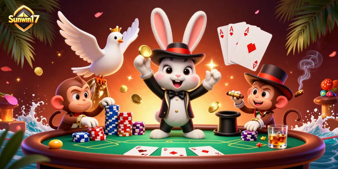 Experience the magic of sunwin17 with a captivating casino scene featuring a magician and poker elements.