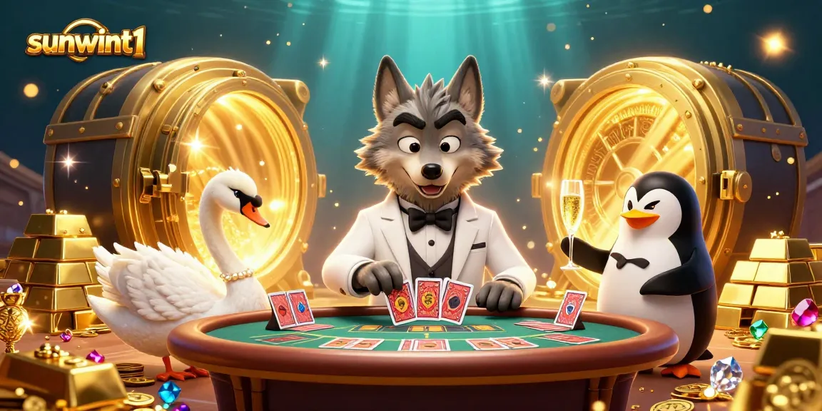 Experience excitement with sunwint1 at a vibrant baccarat table featuring animated characters and dazzling treasures.