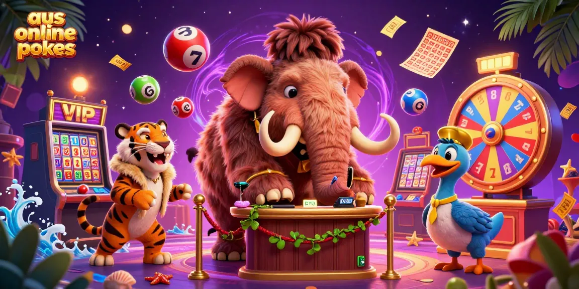 Engage with the vibrant scene of aus online pokies at a casino with exciting characters and game elements.