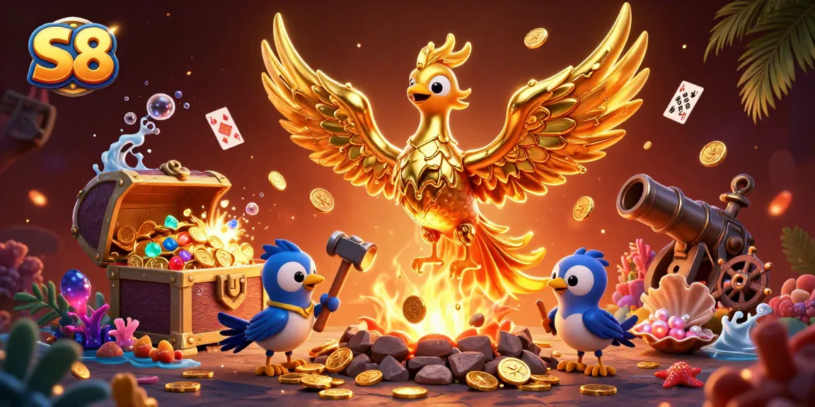 S8 captivates players with a golden phoenix amidst a vibrant treasure scene in this dynamic 3D digital illustration.
