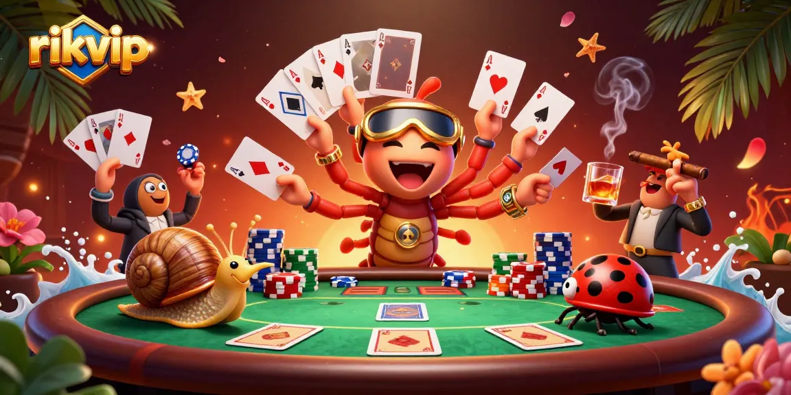 Engage with rikvip’s exciting gameplay featuring a cartoon millipede dealer amidst colorful poker chips and cards.