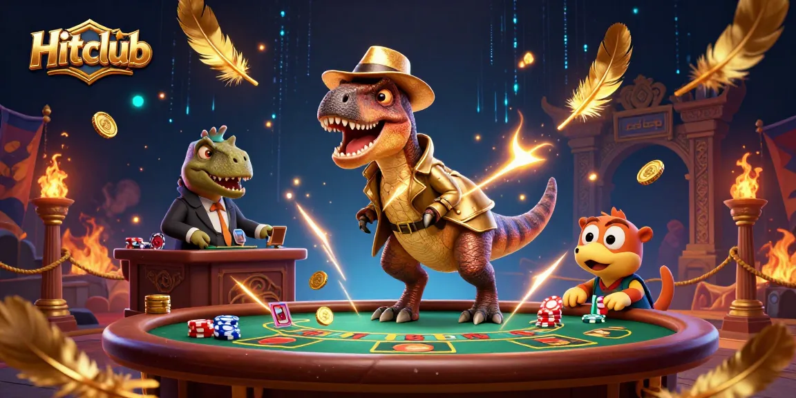 Hitclub velociraptor card counter sneaks at blackjack table with a suspicious stegosaurus pit boss.
