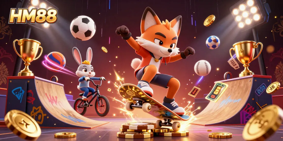 Experience high-stakes gaming excitement at HM88 with a vibrant 3D casino scene featuring dynamic characters and action.