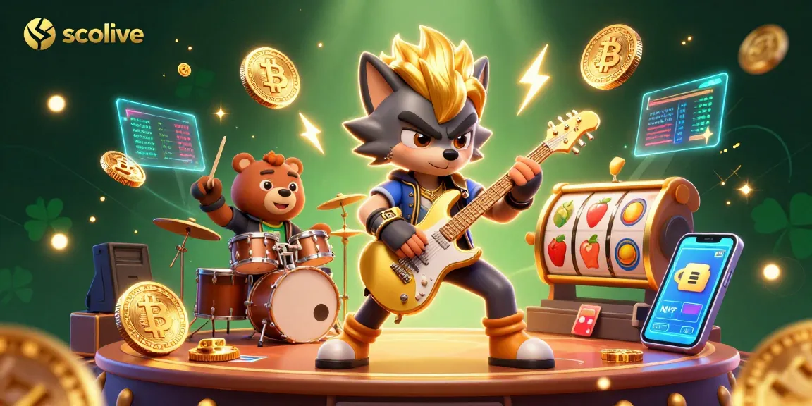 Experience the thrill of socolive with vibrant 3D casino characters rocking crypto amidst neon lights.