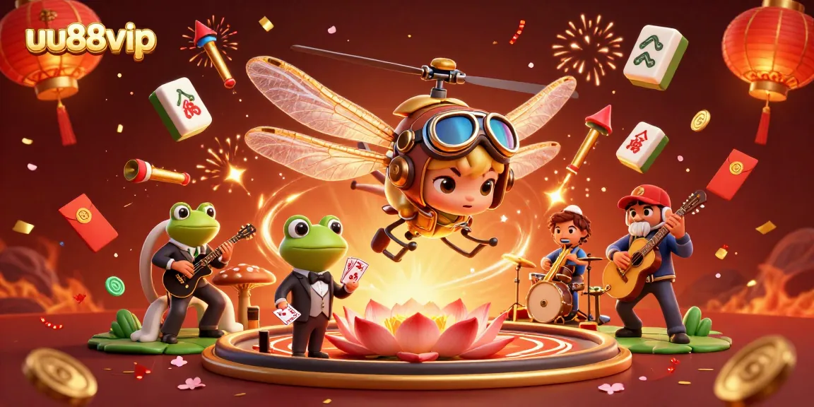 Engage and play at uu88vip with vibrant casino scenes featuring a dragonfly pilot and frog croupier.